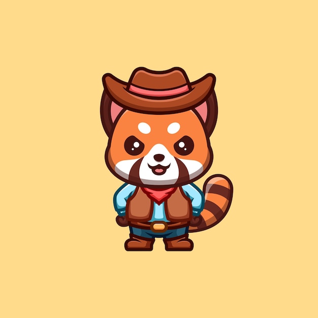 Logo della mascotte del fumetto di kawaii creativo sveglio del cowboy del panda rosso