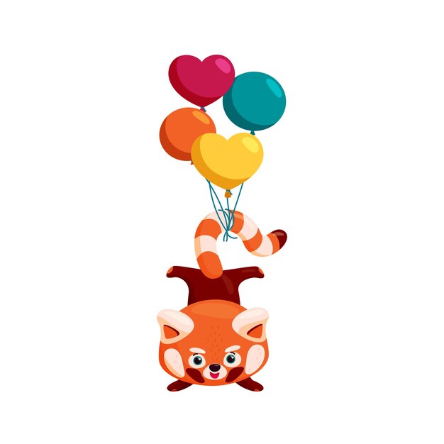 Red panda handstand red panda with balloons on its tail colorful vector illustration in cartoon