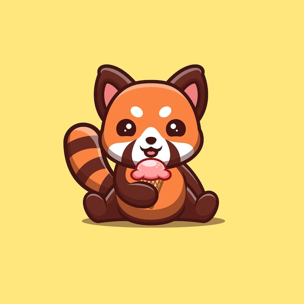 Red Panda Sitting Eating Ice Cream Cute Creative Kawaii Cartoon Mascot Logo