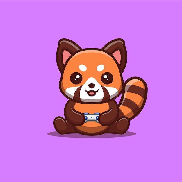 Red Panda Sitting Gaming Cute Creative Kawaii Cartoon Mascot Logo