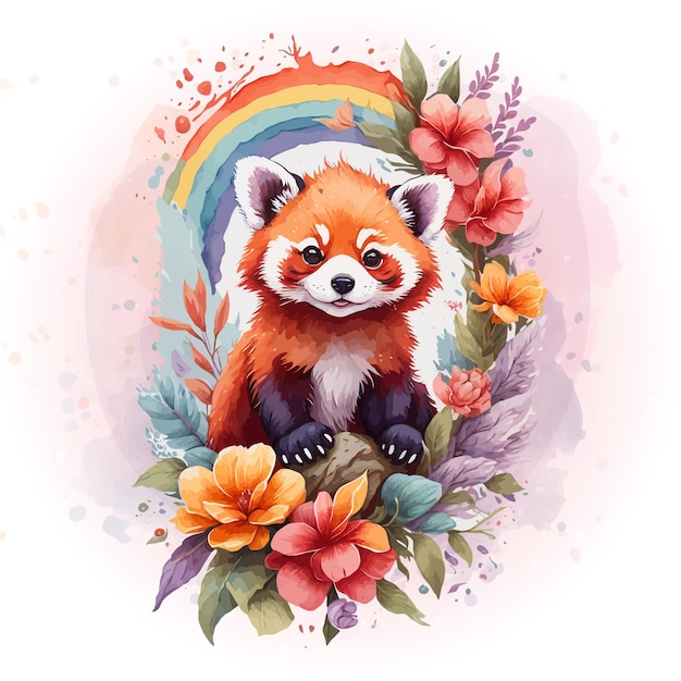 Spruzzata di fiori dell'acquerello del panda rosso