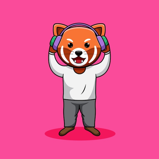 Red panda wearing headphones vector illustration