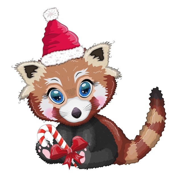 Panda rosso con candy kane simpatico personaggio capodanno e cartolina d'auguri di natale animali rari