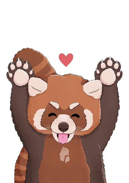 Red panda with paws and red heart vector illustration