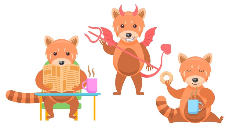 Vector red pandas drinking tea, devil with horns and trident, reading a newspaper with a cup of tea vector
