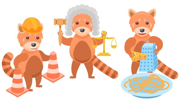 Red Pandas Laying Out Traffic Cones, Judge With Scales And Gavel, Grating Cheese On A Plate Vector