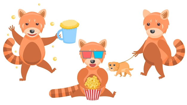 Red pandas watching a movie with popcorn, drunk with a mug of beer, walking the dog