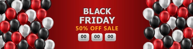 Red panoramic banner with 3d balloons and sale countdown for Black Friday Shopping discount banner