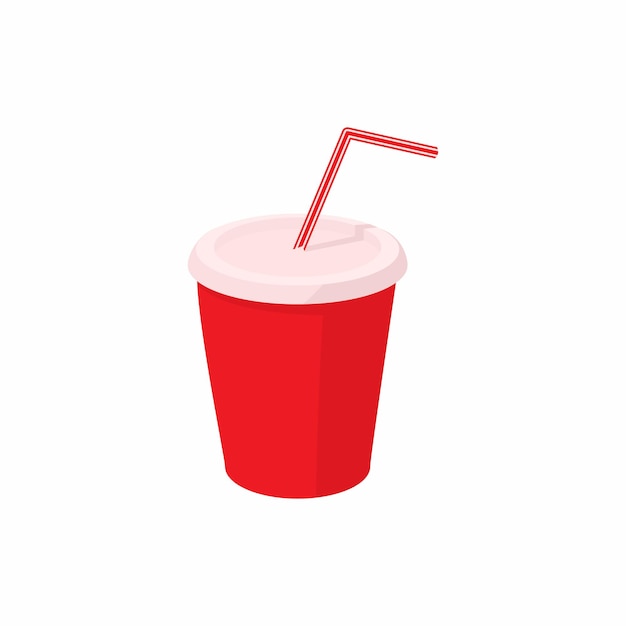 Red paper cup with straw icon in cartoon style on a white background