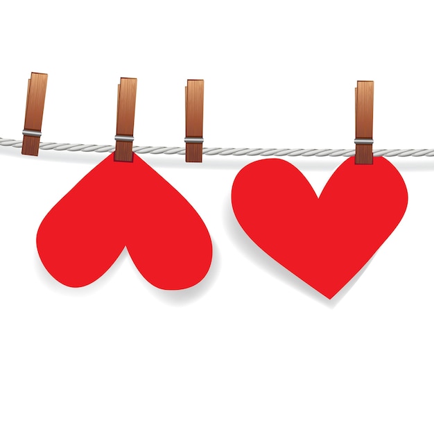 Vector red paper heart attached to a clothesline with pin