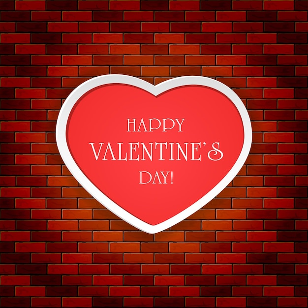 Red paper heart with lettering happy valentines day on brick wall background, illustration.