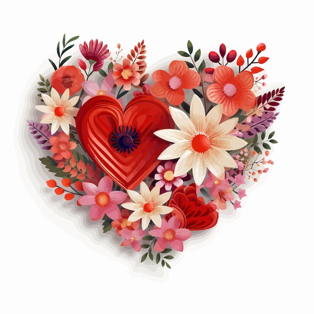 Red Paper Hearts and Colorful Flowers collected in the shape of a heart on a wooden signValentine