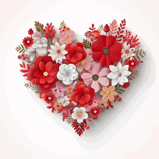 Cuori di carta rossa e fiori colorati raccolti in forma di cuore su un cartello di legno