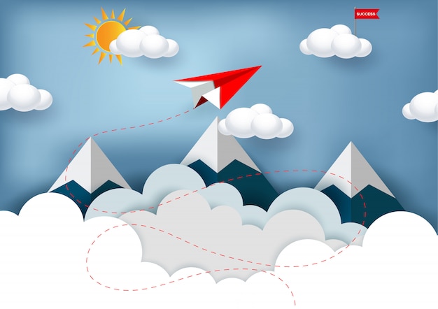 Vettore aereo di carta rosso che vola verso l'obiettivo bandiera rossa sulla nuvola