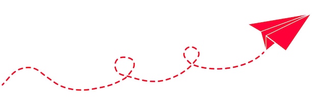 Красный бумажный самолетик с пунктирной линией на белом фоне Оригами бумажный самолетик Символ путешествия