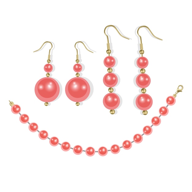 Red pearl beads and pearl earrings realistic illustration in vector format