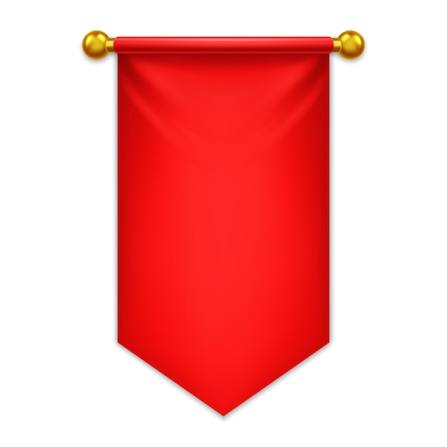 Vector red pennant heraldic textile flag hanging banner on golden poles advertising canvas