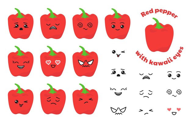 Red pepper with kawaii eyes Vector illustration of a flat design of red pepper on a white background