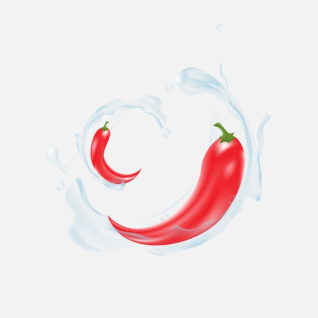 Vector red pepper with water splashing