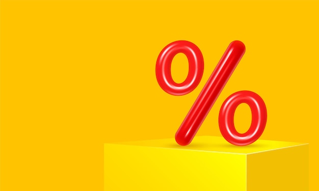 Red percent sign on yellow background with box stand discount percentage big sale best rating vector