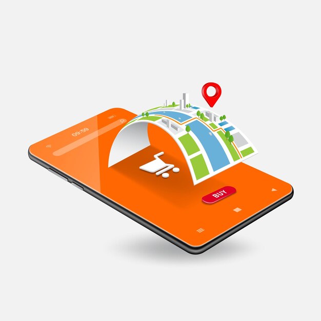 Vector red pin is placed on a gps map to deliver parcels to customers and all on smartphone