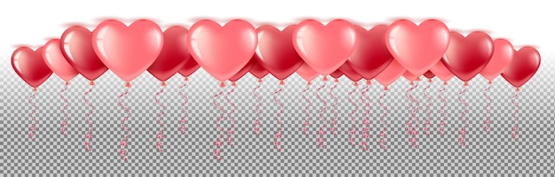 Vector red and pink balloons hang from the ceiling horizontal banner. for valentine's day