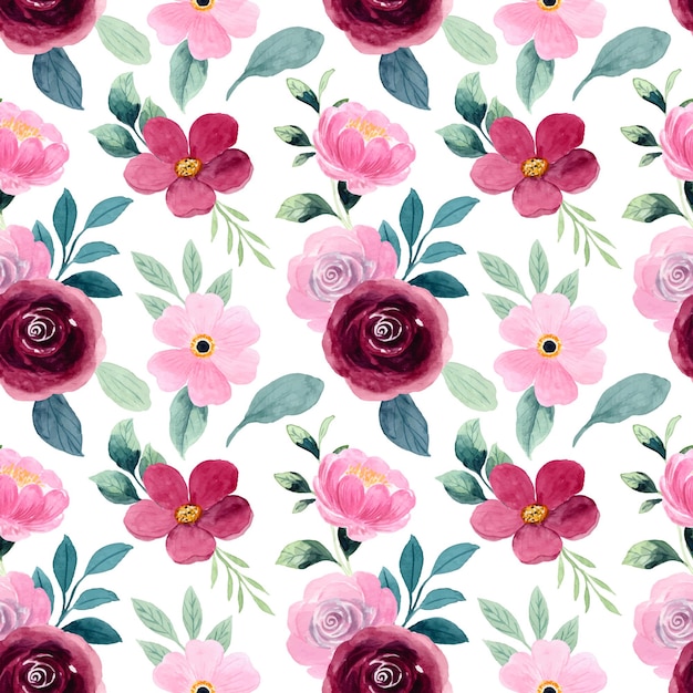 Red pink flower watercolor seamless pattern