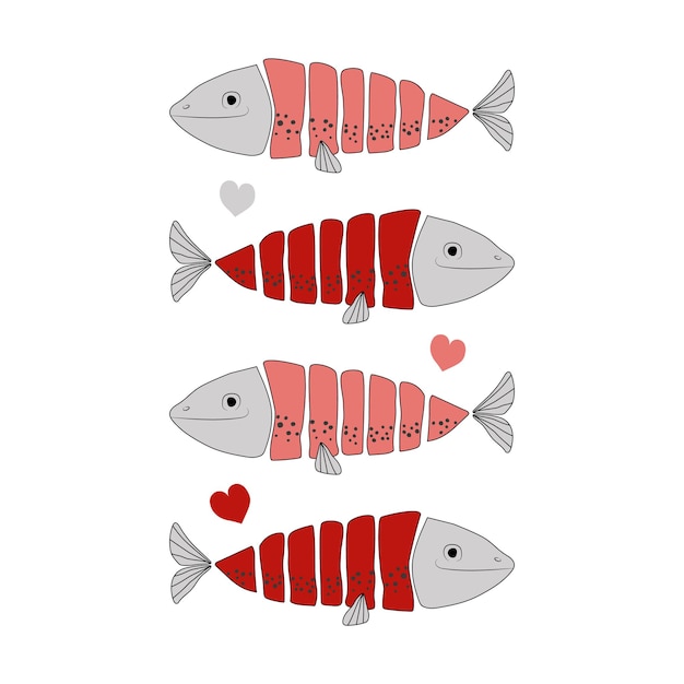 Red and pink funny fishes with hearts isolated on white background