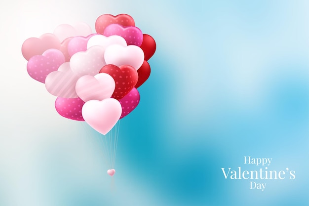 Red and pink heart balloons on a blue background for valentine's day