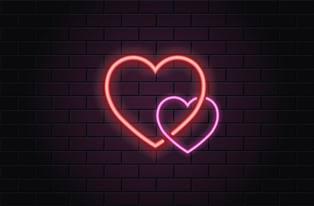 Vector red and pink heart for valentines day on black brickwall background. neon logo