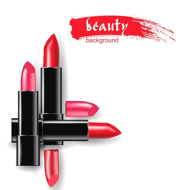 Red and pink lipstick on the background of golden shiny frame beauty and cosmetics background