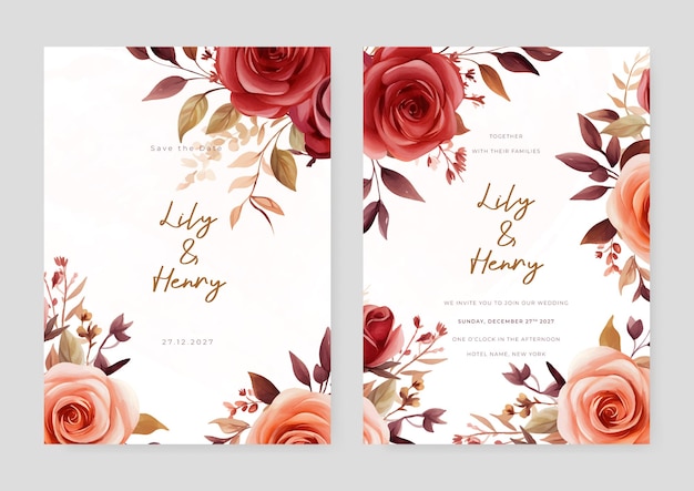 Red and pink rose modern wedding invitation template with floral and flower