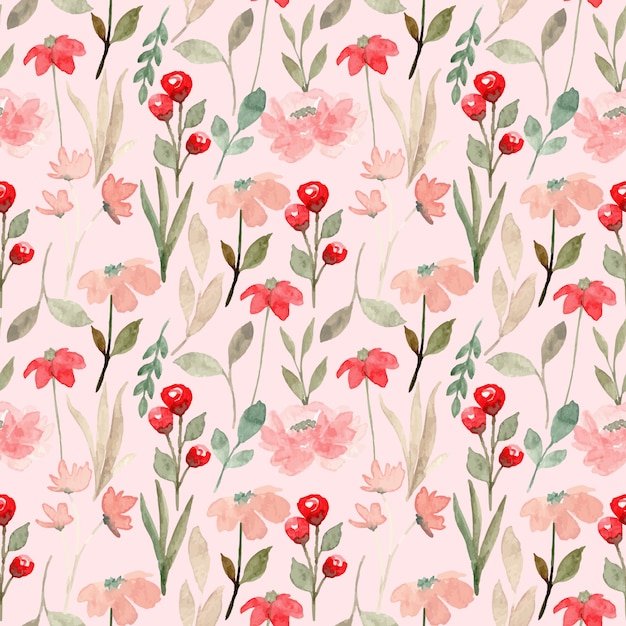 Red pink watercolor wild floral seamless pattern