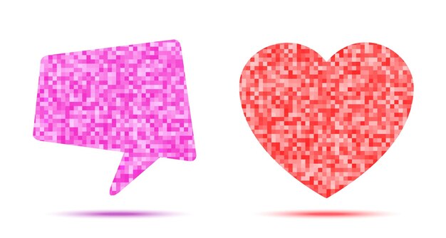 레드 픽셀 하트 로고입니다. Pixelated 핑크 거품입니다. 벡터 기술 상징