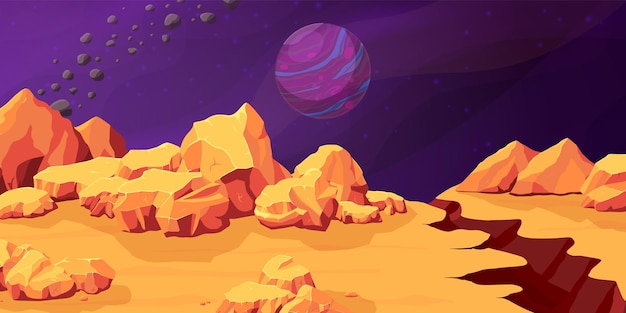 Vector red planet landscape mars panorama martian background with asteroid and planets on sky cartoon space fantasy yellow stones recent vector illustration