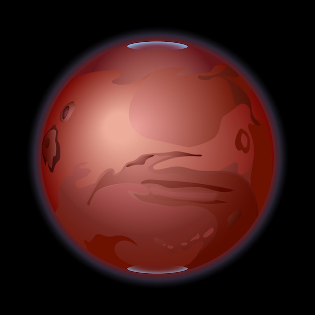 Красная планета Солнечной системы Марс с полярными шапками, метеоритными кратерами и голубой атмосферой