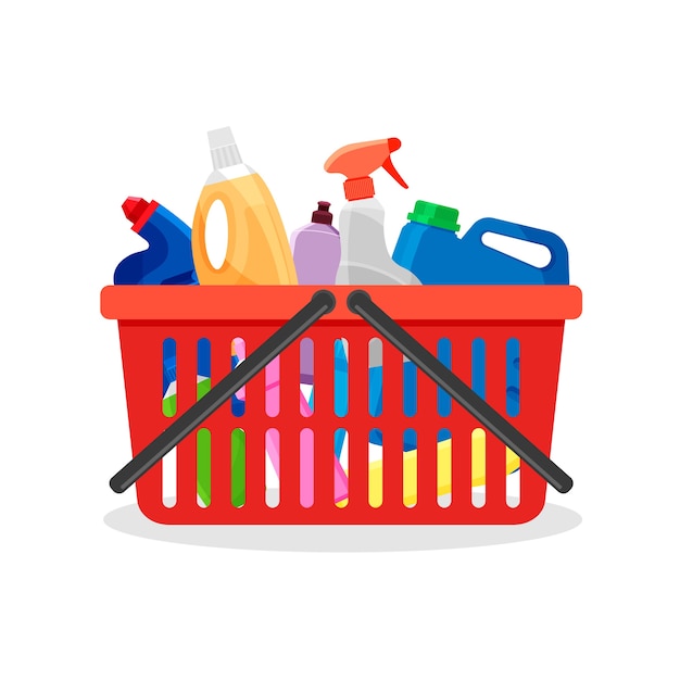 Red plastic shopping cart full of detergent bottles and containers. supermarket basket with cleaning supplies and washing powder products.