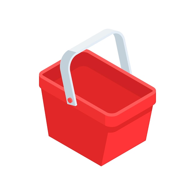 ミニマリスト3dアイコン等尺性ベクトルイラストスーパーマーケットバスケットコマースビジネス小売店または店の購入のための小売コンテナを運ぶ購入のためのハンドルが付いている赤いプラスチックのショッピングカート