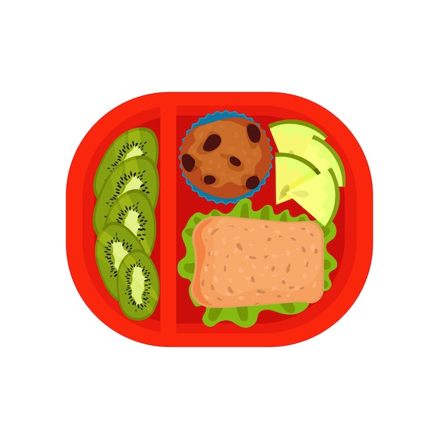 Red plastic tray with slices of kiwi and melon cupcake with raisins and sandwich top view sweet fruits food for lunch cartoon style illustration flat vector design isolated on white background