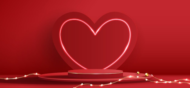 Красный подиум отображает фоновые продукты для дня святого валентина в любви на платформе, чтобы показать косметику с ремесленными символами любви для счастливого векторного дизайна