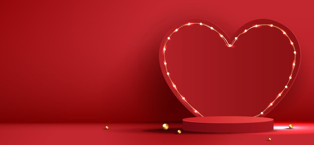 Red podium display background products for valentine's day in love platform stand to show cosmetic with craft style symbols of love for happy vector design