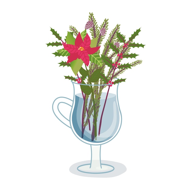 Vector red poinsettia and holly leaves with berries in a glass vase festive christmas floral arrangement