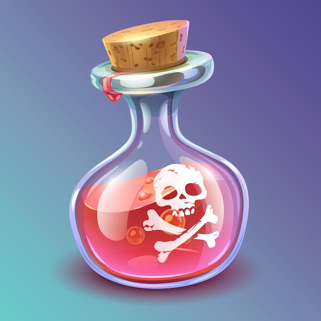 red poison bottle with skull emblem