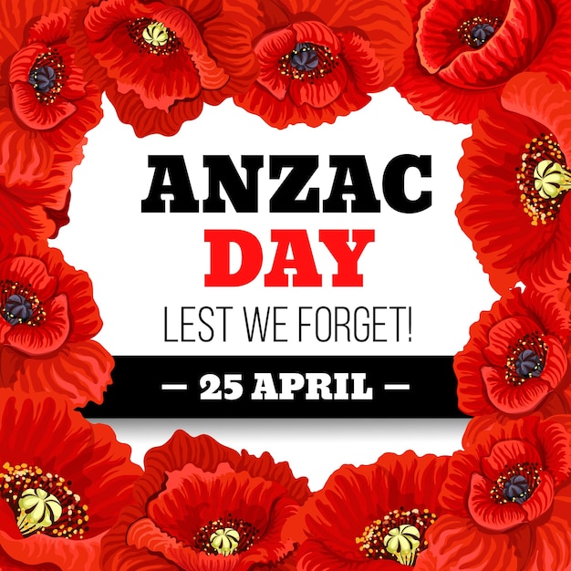 Vettore cornice di fiori di papavero rosso per la carta commemorativa dell'anzac day