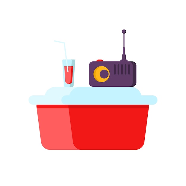 音楽受信機とわらの等角投影図とさわやかなカクテルのガラスが付いている赤い携帯用冷蔵庫。夏のピクニック屋外で食べ物や飲み物を冷やすためのアイスボックスコンテナリラックス
