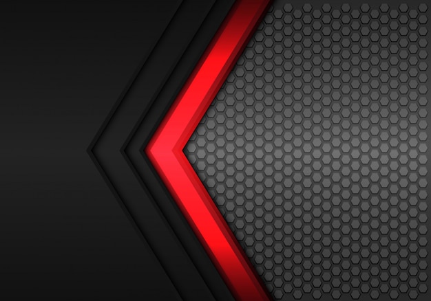 Red power arrow direction black hexagon mesh background.