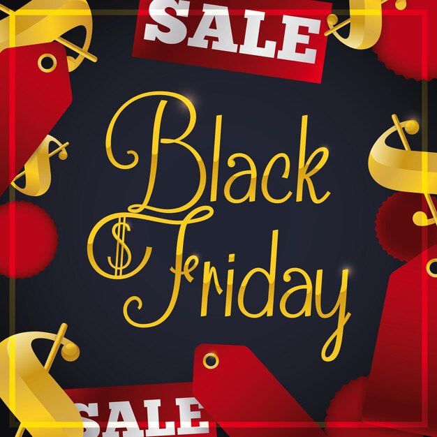 Vector red price tags sale signs labels and some golden money symbols scattered for black friday sales