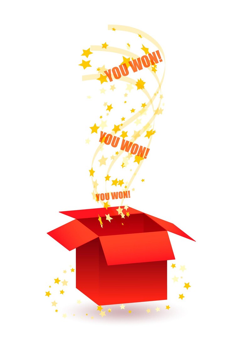 Vector red prize box with golden stars explosion that informs gamer that he won a game