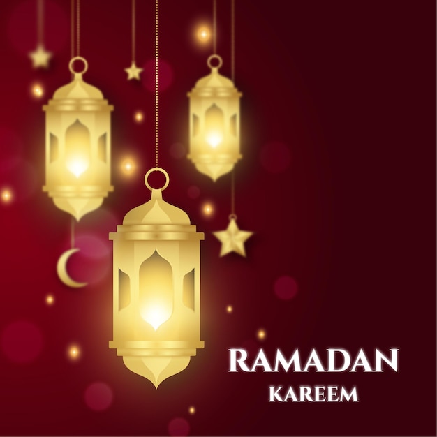 Red ramadan kareem calligraphy with islamic ornament, blur lantern