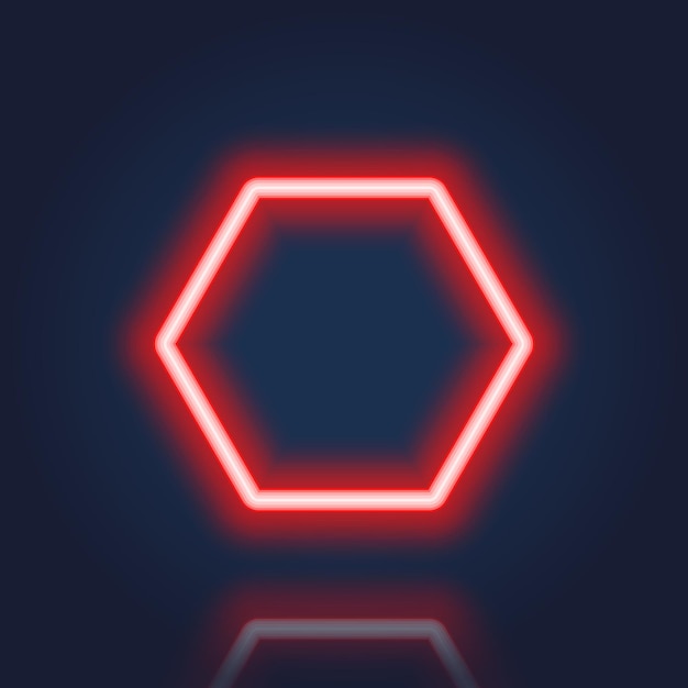反射効果のある赤いリアルな六角形のネオンバナー光るボーダーのネオンフレーム